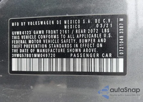 2021 Volkswagen Jetta 1.4T Sel Premium из США, поврежденный, VIN 3VWG57BU1MM049720